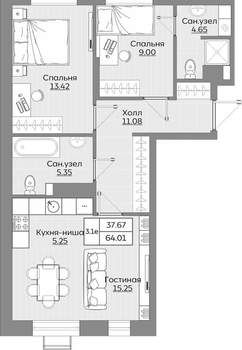 3-к квартира, вторичка, 64м2, 16/24 этаж
