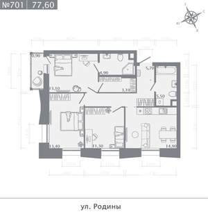 3-к квартира, строящийся дом, 78м2, 2/23 этаж