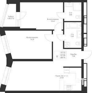 2-к квартира, вторичка, 69м2, 3/23 этаж