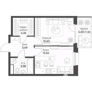 1-к квартира, строящийся дом, 40м2, 3/8 этаж