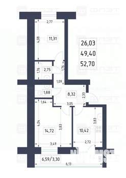 2-к квартира, вторичка, 53м2, 1/10 этаж