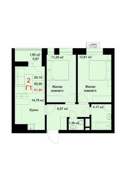 2-к квартира, строящийся дом, 52м2, 7/10 этаж