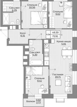 4-к квартира, вторичка, 73м2, 11/24 этаж