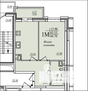 1-к квартира, сданный дом, 44м2, 2/19 этаж