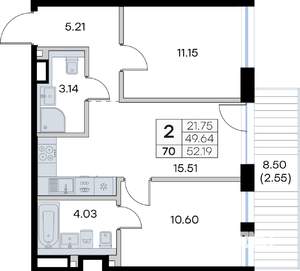 2-к квартира, вторичка, 52м2, 5/8 этаж