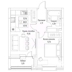 1-к квартира, вторичка, 40м2, 1/9 этаж
