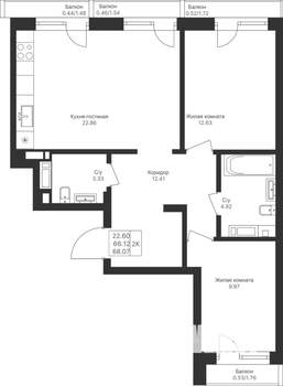 2-к квартира, вторичка, 68м2, 7/10 этаж