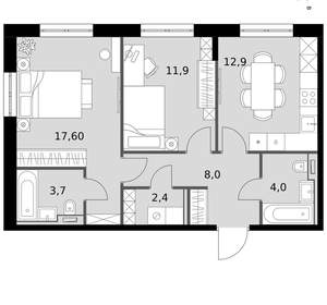 2-к квартира, вторичка, 61м2, 6/19 этаж