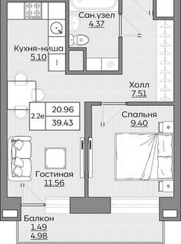 2-к квартира, вторичка, 39м2, 2/24 этаж