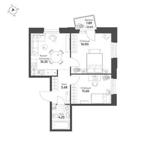 2-к квартира, строящийся дом, 53м2, 10/19 этаж