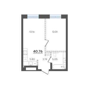 1-к квартира, строящийся дом, 41м2, 3/4 этаж