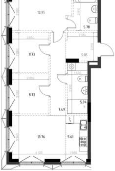 2-к квартира, строящийся дом, 74м2, 5/15 этаж