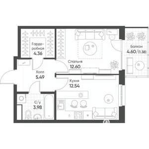 1-к квартира, строящийся дом, 40м2, 7/8 этаж