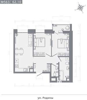 2-к квартира, строящийся дом, 62м2, 2/23 этаж