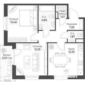 2-к квартира, строящийся дом, 56м2, 13/18 этаж