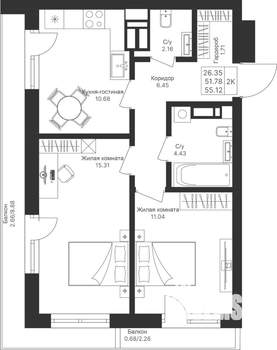 2-к квартира, вторичка, 55м2, 4/10 этаж