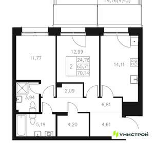 2-к квартира, вторичка, 70м2, 1/7 этаж