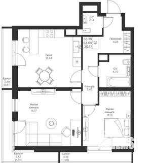 2-к квартира, вторичка, 68м2, 7/25 этаж