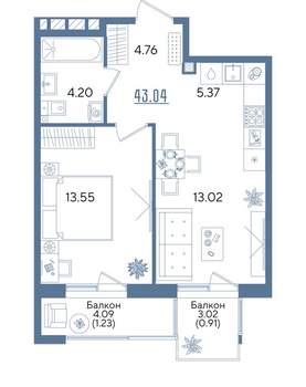1-к квартира, строящийся дом, 43м2, 3/13 этаж