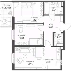 3-к квартира, строящийся дом, 62м2, 5/8 этаж