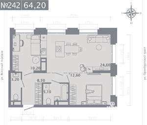2-к квартира, строящийся дом, 64м2, 7/25 этаж
