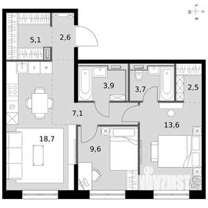 3-к квартира, вторичка, 67м2, 13/19 этаж