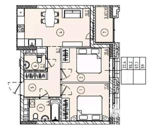 2-к квартира, вторичка, 57м2, 4/25 этаж