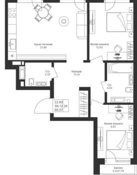 2-к квартира, вторичка, 68м2, 7/10 этаж