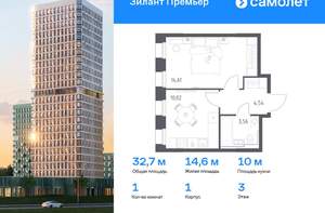 1-к квартира, вторичка, 33м2, 3/25 этаж