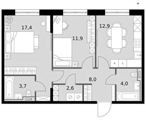 2-к квартира, вторичка, 61м2, 7/19 этаж