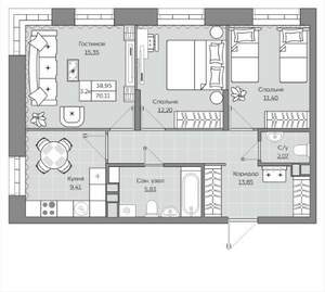 3-к квартира, вторичка, 70м2, 7/19 этаж