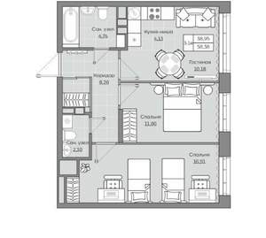 3-к квартира, вторичка, 58м2, 12/19 этаж