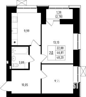 2-к квартира, строящийся дом, 48м2, 5/15 этаж