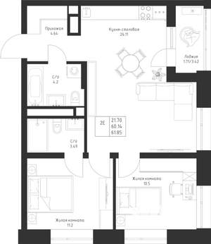 2-к квартира, вторичка, 62м2, 13/23 этаж