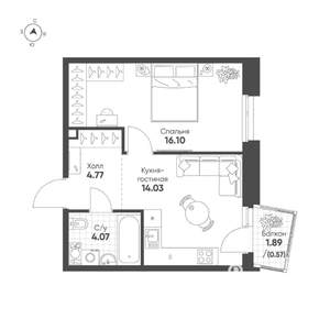 1-к квартира, строящийся дом, 40м2, 6/19 этаж