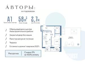 1-к квартира, вторичка, 58м2, 7/13 этаж