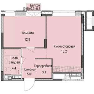 1-к квартира, строящийся дом, 44м2, 9/14 этаж
