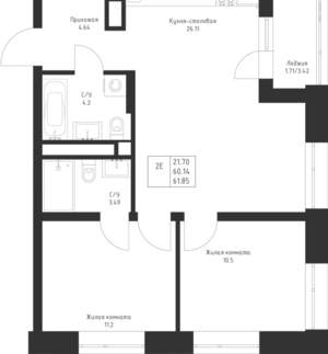 2-к квартира, вторичка, 62м2, 13/23 этаж