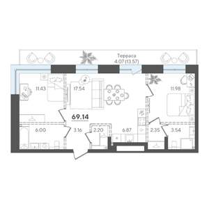 2-к квартира, строящийся дом, 69м2, 4/4 этаж