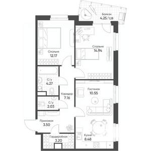 3-к квартира, строящийся дом, 68м2, 11/17 этаж