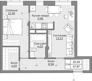 2-к квартира, вторичка, 48м2, 10/24 этаж