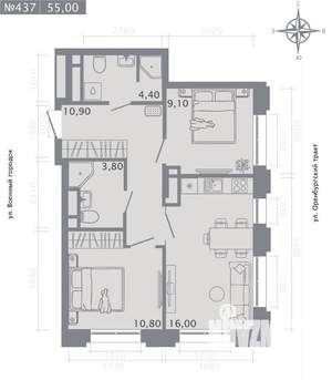 2-к квартира, строящийся дом, 55м2, 9/25 этаж