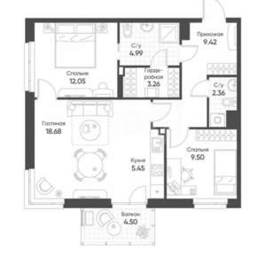 3-к квартира, вторичка, 67м2, 11/18 этаж