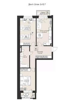 2-к квартира, строящийся дом, 67м2, 2/4 этаж
