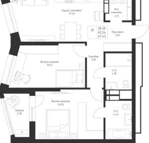 2-к квартира, вторичка, 67м2, 6/23 этаж