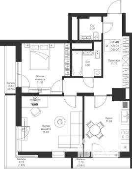 2-к квартира, вторичка, 61м2, 12/24 этаж
