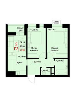 2-к квартира, строящийся дом, 52м2, 8/10 этаж