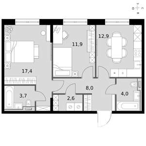 2-к квартира, вторичка, 61м2, 17/19 этаж