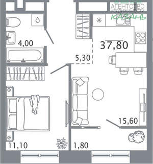 2-к квартира, вторичка, 38м2, 7/12 этаж