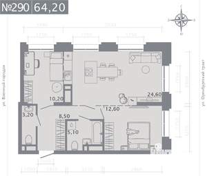 2-к квартира, строящийся дом, 64м2, 13/25 этаж